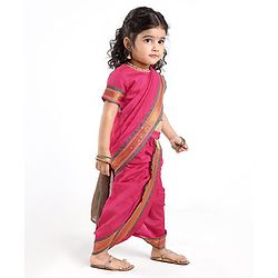 Babyhug Half Sleeves Blouse And Zari Bordered Nauvari Saree - Red