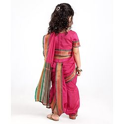 Babyhug Half Sleeves Blouse And Zari Bordered Nauvari Saree - Red