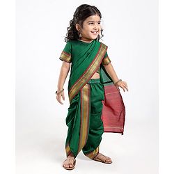Babyhug Half Sleeves Blouse And Zari Bordered Nauvari Saree - Green