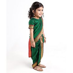 Babyhug Half Sleeves Blouse And Zari Bordered Nauvari Saree - Green