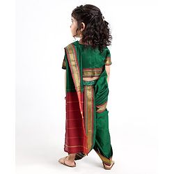 Babyhug Half Sleeves Blouse And Zari Bordered Nauvari Saree - Green