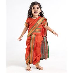Babyhug Half Sleeves Blouse And Zari Bordered Nauvari Saree - Orange