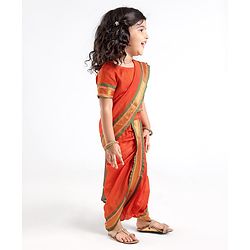 Babyhug Half Sleeves Blouse And Zari Bordered Nauvari Saree - Orange