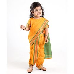 Babyhug Half Sleeves Blouse And Zari Bordered Nauvari Saree - Yellow