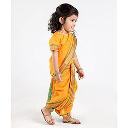 Babyhug Half Sleeves Blouse And Zari Bordered Nauvari Saree - Yellow