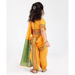 Babyhug Half Sleeves Blouse And Zari Bordered Nauvari Saree - Yellow