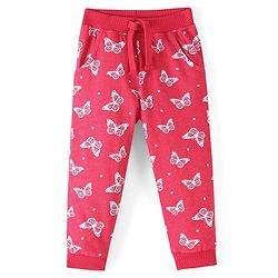 Babyhug Cotton Looper Full Length Lounge Pant With Butterfly Print - Pink
