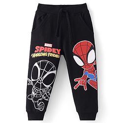 Babyhug Marvel Cotton Looper Full Length Lounge and Track Pant with Spiderman Graphics - Black