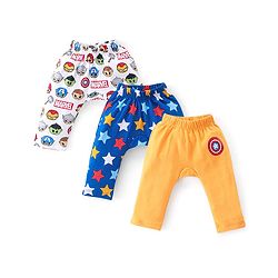 Babyhug Marvel 100% Cotton Interlock Knit Full Length Diaper Legging Avengers Print Pack Of 3 - Yellow White & Blue