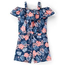 Babyhug Cotton Jersey Knit Cold Shoulder Sleeves Jumpsuit with Bow Applique Leaf Print - Navy Blue