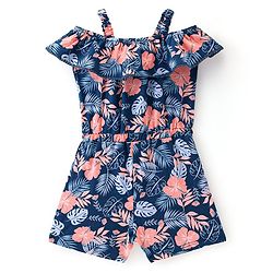 Babyhug Cotton Jersey Knit Cold Shoulder Sleeves Jumpsuit with Bow Applique Leaf Print - Navy Blue