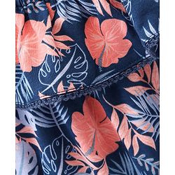 Babyhug Cotton Jersey Knit Cold Shoulder Sleeves Jumpsuit with Bow Applique Leaf Print - Navy Blue