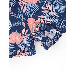 Babyhug Cotton Jersey Knit Cold Shoulder Sleeves Jumpsuit with Bow Applique Leaf Print - Navy Blue