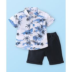 Babyhug 100% Cotton Woven Half Sleeves Shirt & Shorts With Tropical Print - White & Blue