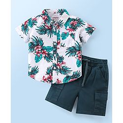 Babyhug Cotton Woven Half Sleeves Shirt & Shorts Set Floral Print - Green & White