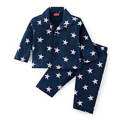 Babyhug Cotton Knit Full Sleeves Night Suit With Star Print - Navy Blue