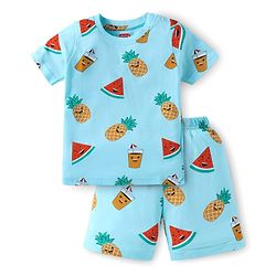Babyhug Single Jersey Cotton Knit Half Sleeves Fruity Print Night Suit - Blue
