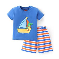 Babyhug Single Jersey Knit Half Sleeves Night Suit With Boat Print - Blue