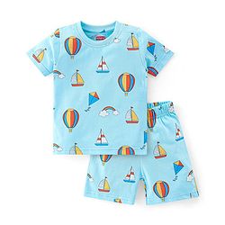 Babyhug Single Jersey Knit Half Sleeves Night Suit Hot Air Balloon Print- Blue