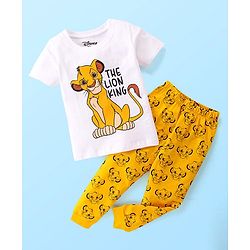 Babyhug Disney 100% Cotton Knit Single Jersey Half Sleeve Night Suit with Lion King Graphics - White & Yellow