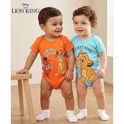 Babyhug Disney 100% Cotton Knit Half Sleeves Onesies With Lion King Graphics Pack Of 2 - Orange & Blue
