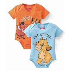 Babyhug Disney 100% Cotton Knit Half Sleeves Onesies With Lion King Graphics Pack Of 2 - Orange & Blue