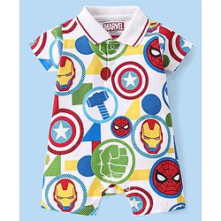 Babyhug Marvel Cotton Knit  Half Sleeves Romper with Pocket & Avengers  Print - Multicolour