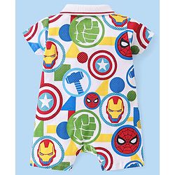 Babyhug Marvel Cotton Knit  Half Sleeves Romper with Pocket & Avengers  Print - Multicolour