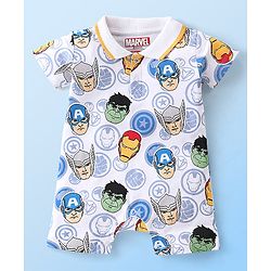 Babyhug Marvel 100% Cotton Knit  Half Sleeves Romper Avengers Print - Blue