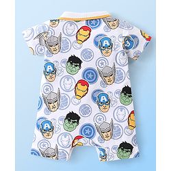Babyhug Marvel 100% Cotton Knit  Half Sleeves Romper Avengers Print - Blue