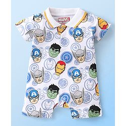 Babyhug Marvel 100% Cotton Knit  Half Sleeves Romper Avengers Print - Blue