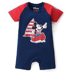 Babyhug Disney 100% Cotton Knit Half Sleeves Romper with Mickey Mouse Graphics - Navy Blue