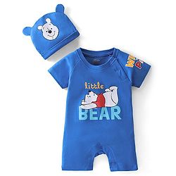 Babyhug Disney Interlock Cotton Knit Half Sleeves  Romper with Cap & Winnie the Pooh Graphics - Blue