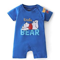 Babyhug Disney Interlock Cotton Knit Half Sleeves  Romper with Cap & Winnie the Pooh Graphics - Blue