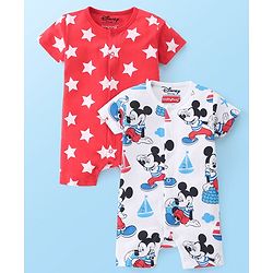 Babyhug Disney Interlock Cotton Knit Half Sleeves Rompers Star & Mickey Mouse Print Pack of 2 - Red & White