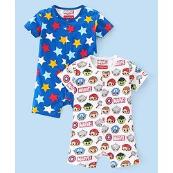Babyhug Marvel Interlock Cotton Knit Half Sleeves Rompers Star & Avenger Print Pack of 2 - Multicolour