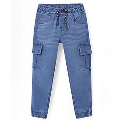 Babyhug Denim Full Length Washed Stretchable Joggers with Cargo Pockets - Blue