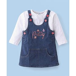 Babyhug Text Embroidery Denim Frock with Full Sleeves Polka Dots Printed Inner Tee - Blue