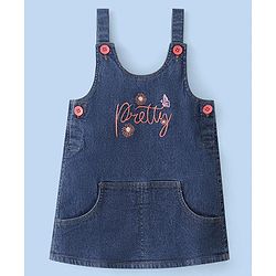 Babyhug Text Embroidery Denim Frock with Full Sleeves Polka Dots Printed Inner Tee - Blue