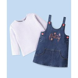 Babyhug Text Embroidery Denim Frock with Full Sleeves Polka Dots Printed Inner Tee - Blue
