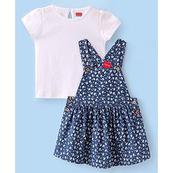 Babyhug Denim Woven Frocks with Half Sleeves T-Shirt Floral Print - Navy Blue