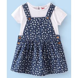 Babyhug Denim Woven Frocks with Half Sleeves T-Shirt Floral Print - Navy Blue
