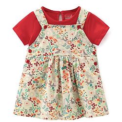 Babyhug Sleeveless Floral Print Frock with Inner T-Shirt  Solid Colour  -  Red & Cream