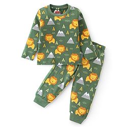 Babyhug Cotton  Knit Full Sleeves Night Suit With Lion Print - Green