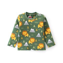 Babyhug Cotton  Knit Full Sleeves Night Suit With Lion Print - Green