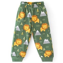 Babyhug Cotton  Knit Full Sleeves Night Suit With Lion Print - Green