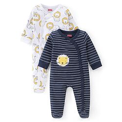 Babyhug Single Jersey Knit Full Sleeves Footed Sleep Suit Striped &  Lion Print Pack of 2 - Navy Blue & White