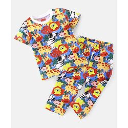 Babyhug Single Jersey Knit Half Sleeves Animal Print Night Suit - Multicolor