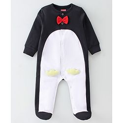 Babyhug Cotton Interlock Knit Full Sleeves Sleepsuit With Bow Applique - Black & White