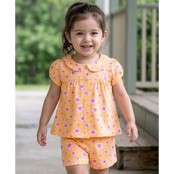 Babyhug Cotton Single Jersey Knit Half Sleeves Night Suit Floral Print - Orange
